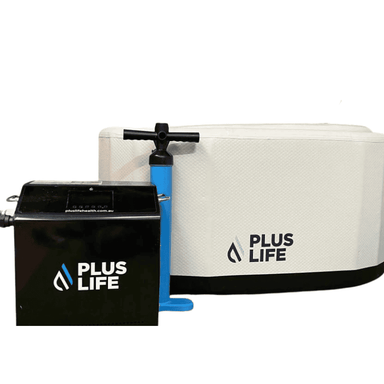 PlusLife Portable Ice Bath white background with water cooler and hand pump