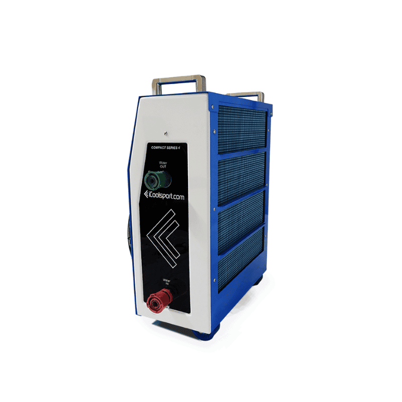 iCoolSport Compact XP water chiller unit from side rear showing inlets and outlets