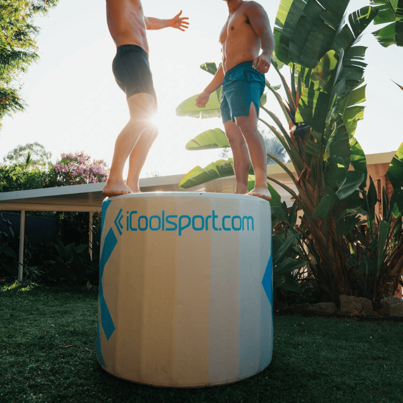 iCoolSport IceSquad ice bath with two men standing on it